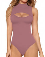 Load image into Gallery viewer, MANGOPOP Tank Top Bodysuits for Women Mock Neck Sleeveless Cutout Front Body Suit(Marsala,M)
