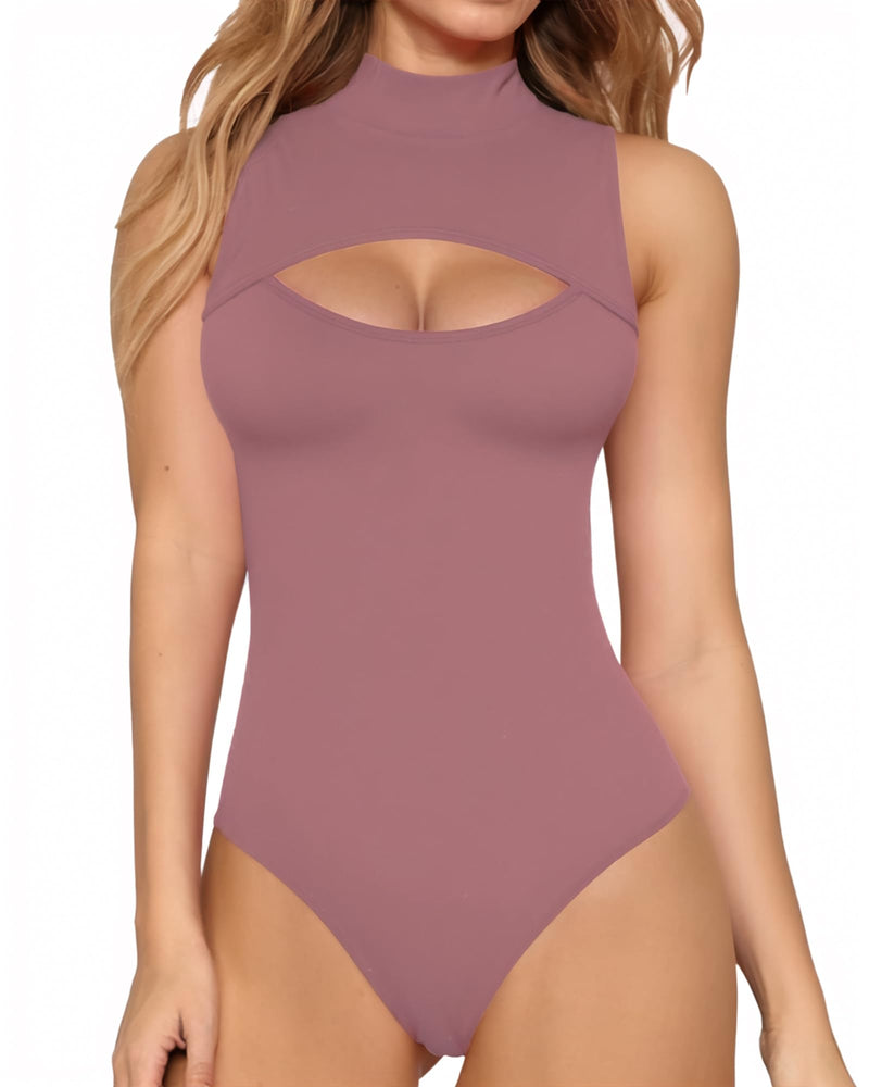 MANGOPOP Tank Top Bodysuits for Women Mock Neck Sleeveless Cutout Front Body Suit(Marsala,M)
