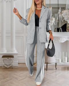 CHICME Womens Two Piece Outfits Striped Side Button Blazer and Pants with Pockets Sets Business Casual Pant Suits Set-lga-M Light Gray