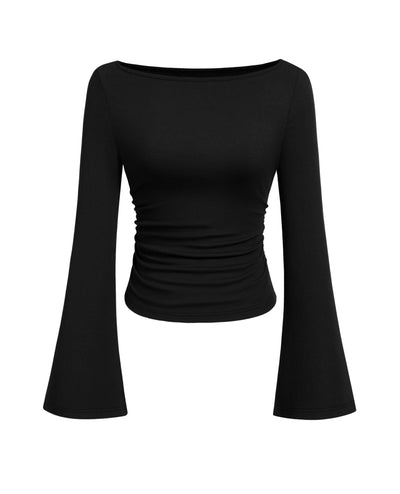 PRETTYGARDEN Women's Long Sleeve Shirts 2025 Fall Going Out Tops Casual Boat Neck Bell Sleeve Ribbed Ruched Y2K Clothes (Black,Medium)