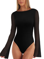 Load image into Gallery viewer, REORIA Women’s Fall Trendy Sexy Boat Neck Long Sleeve Sheer Mesh Slimming Going Out Bodysuit Tops for Vacation Black Medium
