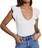 Load image into Gallery viewer, BONITEE Womens Summer Ribbed Tops Classy Ruffle Sleeve Slim Shirts Sexy Deep V Neck Tees Casual Knit Tshirts 2025 Dressy Blouse White,M

