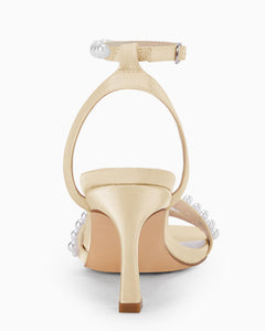 Coutgo Womens Pearl Kitten Heels Sandals Square Open Toe Dress Sandals Ankle Strap Satin Wedding Party Summer Sandals