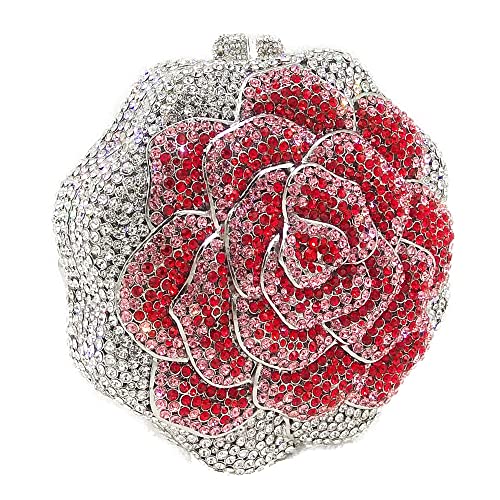 Boutique De FGG Rose Crystal Clutch Purse Women Flower Evening Bag Wedding Party Prom Bridal Rhinestone Floral Handbag,Mini,Red