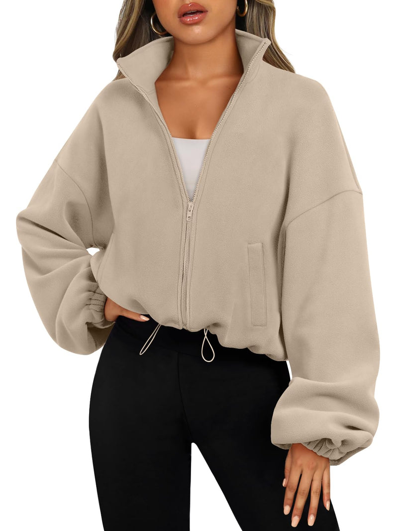 AUTOMET Womens Fleece Jackets Zip Up Oversized Sweatshirts Winter Clothes Long Sleeve Crop Sherpa Fall Outfits Fashion Khaki M