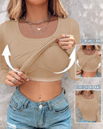 Load image into Gallery viewer, CHICME Women's Fall Long Sleeve Square Neck T Shirts with Built-in Shelf Bra Ribbed Knit Slim Fit Casual Tops Khaki-M
