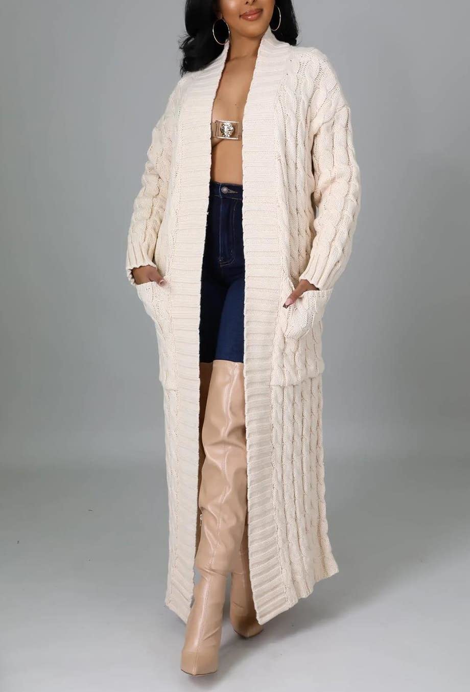 Long Duster Cardigans for Women, Womens Floor Length Cardigans Sweaters with Pockets Open Front Long Sleeve Plus Size Chunky Cable Knit Winter Coat Beige
