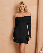 Load image into Gallery viewer, XinFSh Women's Sexy Off The Shoulder Bodycon Mini Dress Fall Long Sleeve Ruffle Ruched Short Party Club Dresses Black
