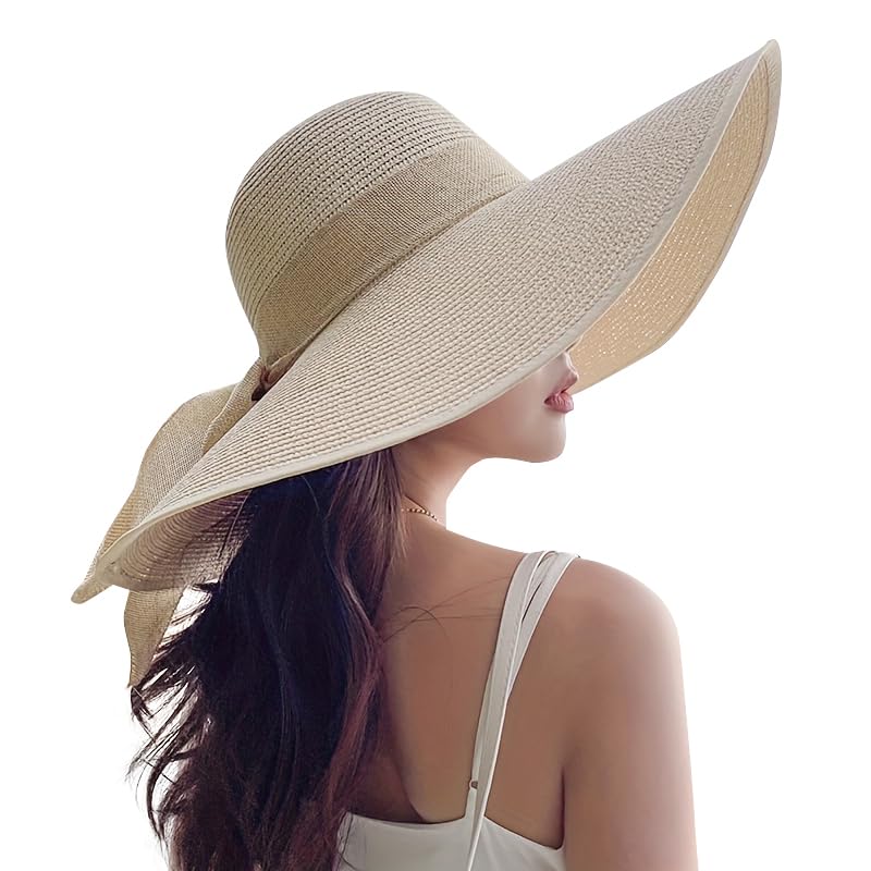 Beach Hats for Women - Beach Hat Womens UPF 50+, Packable Sun Hat Women Roll Up, Wide Brim Straw Hat for Women, Beige