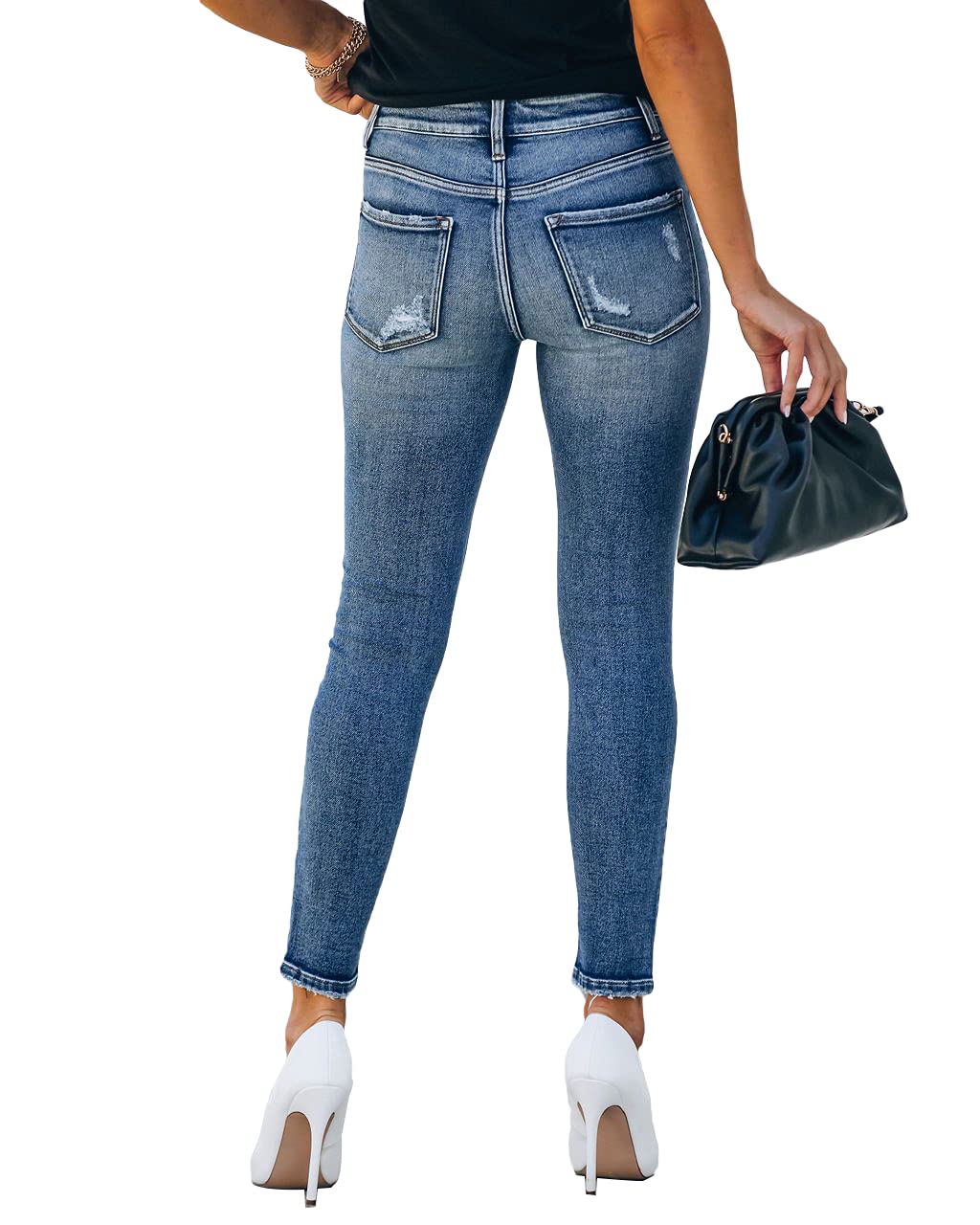 Allimy Women's High Waist Skinny Stretch Ripped Jeans Destroyed Denim Pants 8