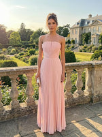 Load image into Gallery viewer, DJFLFU Strapless Bridesmaid Dress Pleated Chiffon Long Formal Prom Dress for Cocktail Party Gowns Light Blue
