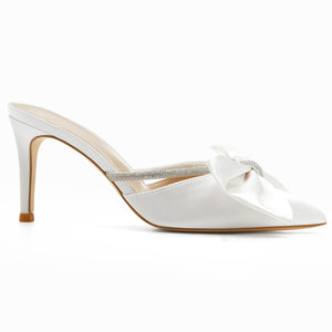 Coutgo Womens Bow Heels Mules Pointed Closed Toe Sandals Rhinestone Satin Backless Wedding Shoes, White, Size 9