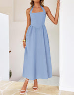Load image into Gallery viewer, ZESICA Women's Summer Sleeveless Halter Midi Dress 2026 Off Shoulder High Waist Flowy Beach Wedding Guest Long Dresses Blue Small

