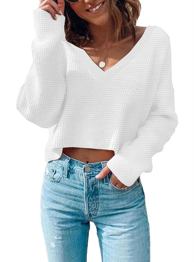Poetsky Waffle Knit V Neck Sweater Crop Long Sleeve Women Off Shoulder Top Ladies Pullover Sweaters Fall and Winter White M