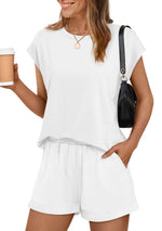 Load image into Gallery viewer, WIHOLL Two Piece Sets for Women Going Out Summer White Short Sleeve Shirts Loungewear Set Medium
