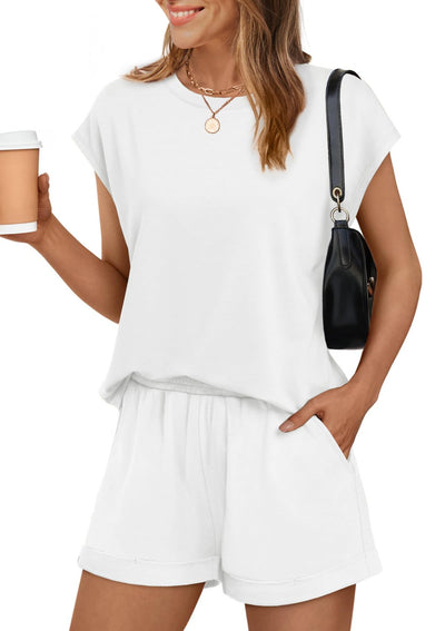 WIHOLL Two Piece Sets for Women Going Out Summer White Short Sleeve Shirts Loungewear Set Medium