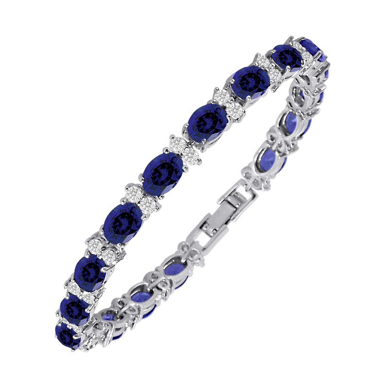 KEZEF Tennis Bracelets For Women - Cubic Zirconia - Oval 7x5mm Blue Sapphire Gemstones - Round 2.50mm White CZ - Silver Plated Brass - 7 Inch - Hypoallergenic Bracelets