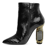 Load image into Gallery viewer, FSJ Women Chic Pointed Toe Crystal Chunky Block High Heel Ankle Boots Glossy Side Zipper Casual Daily Fashion Ladies Shoes Size 7 Black Snakeskin
