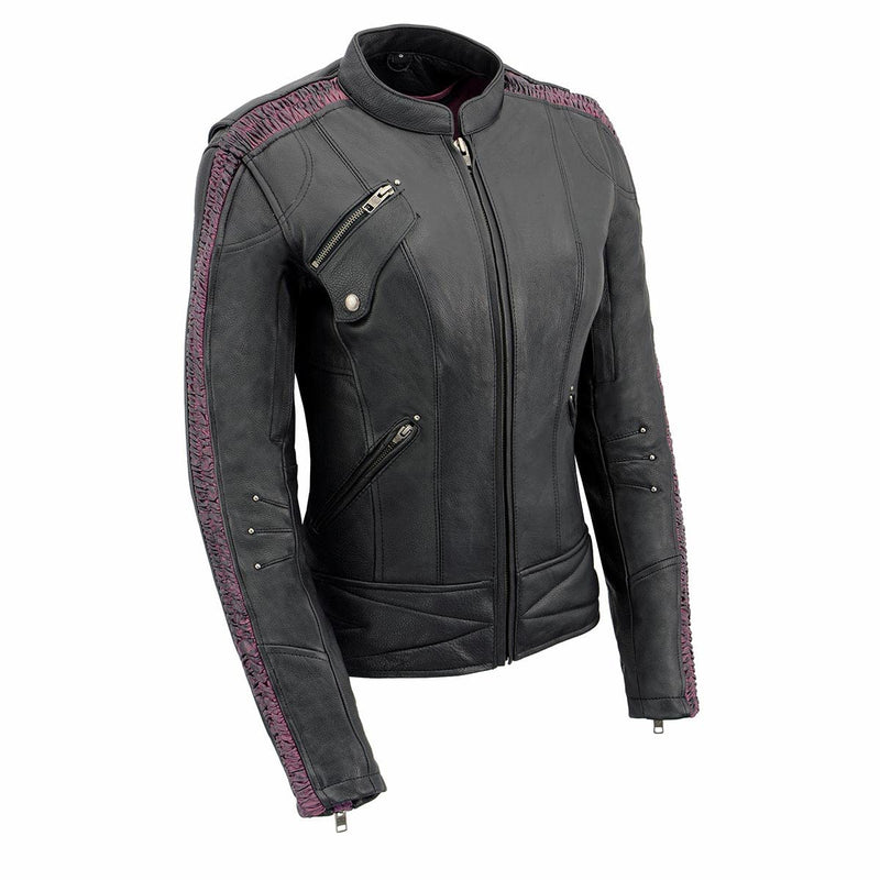 Milwaukee Leather MLL2570 Women's 'Phoenix Embroidered' Black and Purple Motorcycle Leather Jacket - X-Large