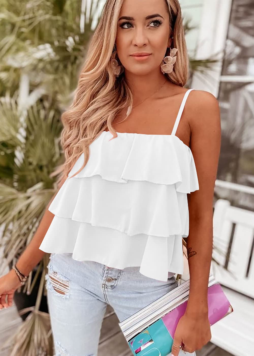 KIRUNDO Spaghetti Strap Babydoll Ruffle Tops for Women 2025 Summer Layered Flowy Beach Fashion Vacation Cruise Outfits(White, Small)