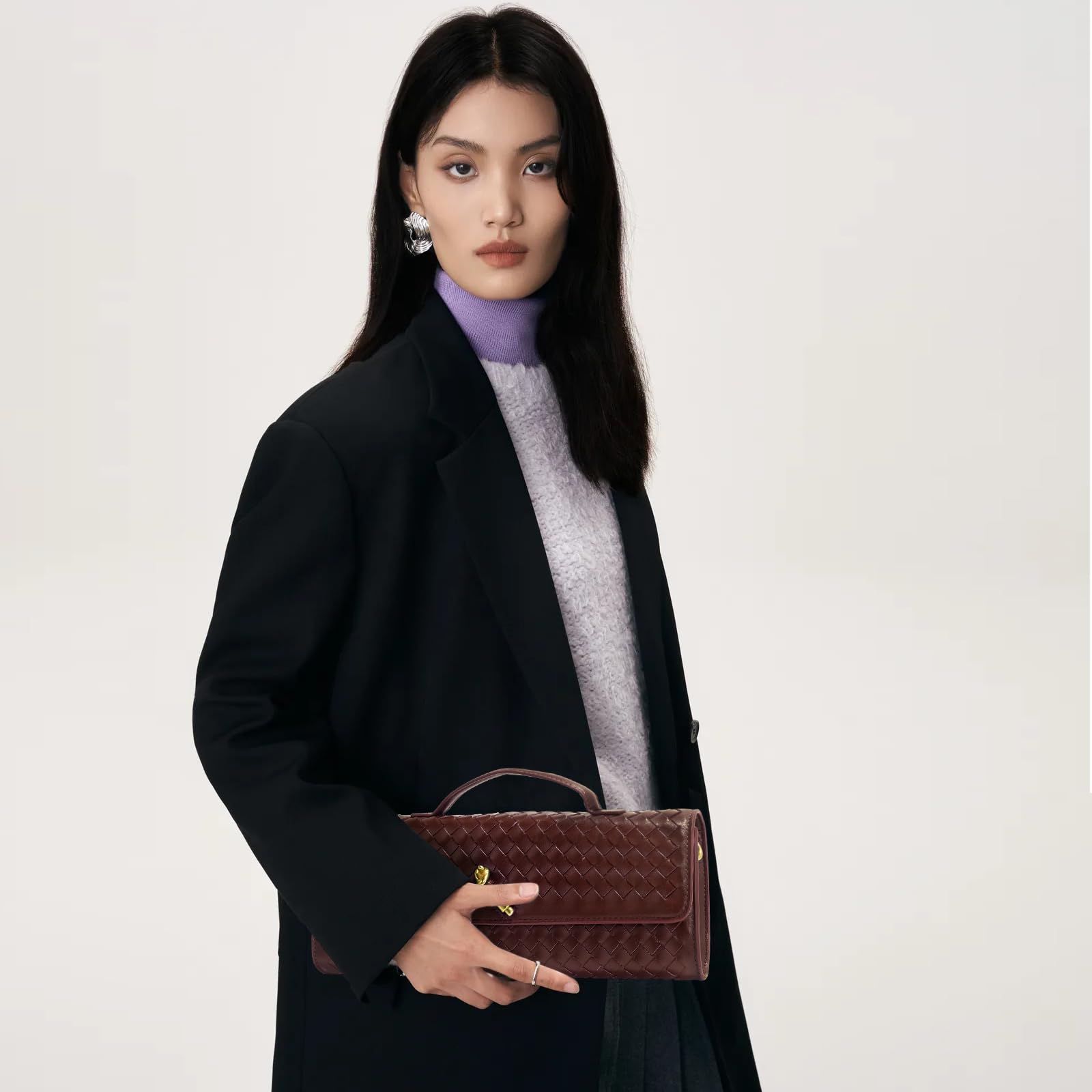 NEWROGENG Woven Clutch Purses for Women, Leather Evening Bag Shoulder Handbag Formal Satchel Crossbody Purse Party Bag, Burgundy Red