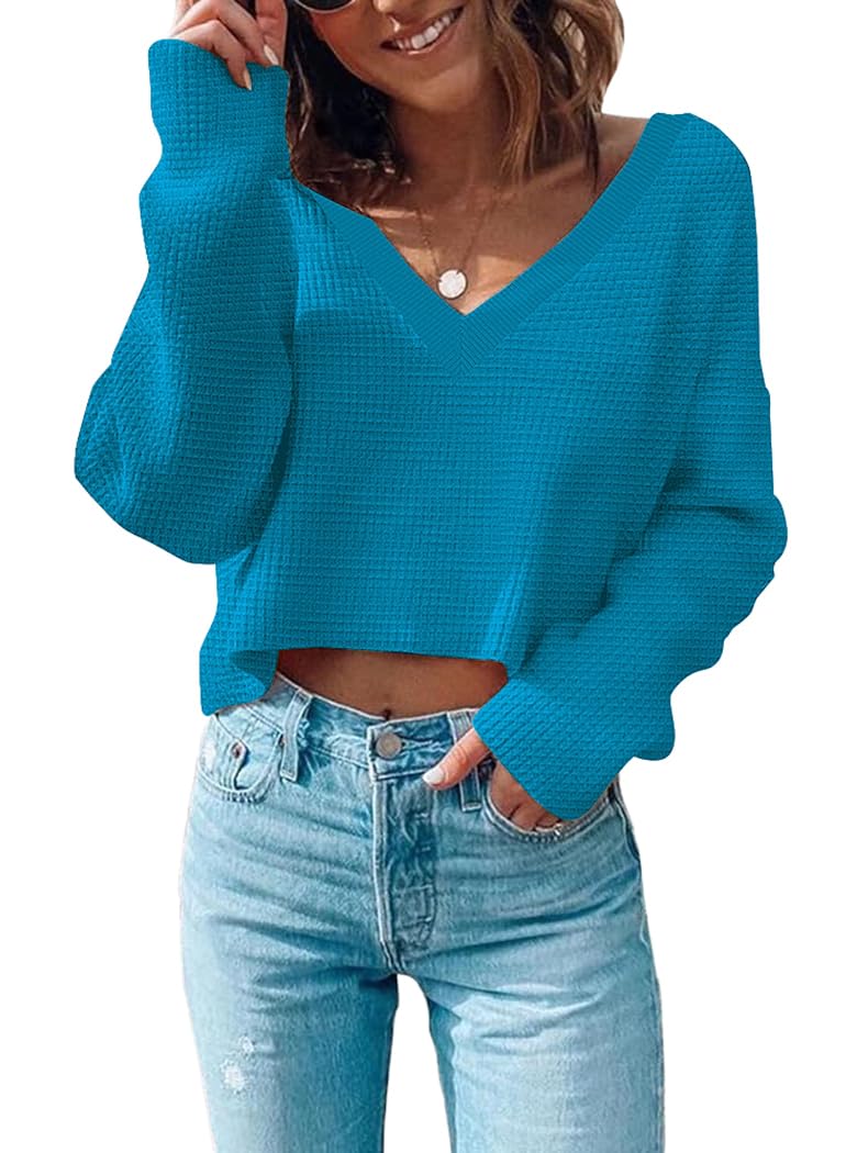 Poetsky Womens Knit Sweaters Pullover Long Sleeve V Neck Shirt Loose Lightweight Tops Waffle Off The Shoulder Sweater Blue Green M