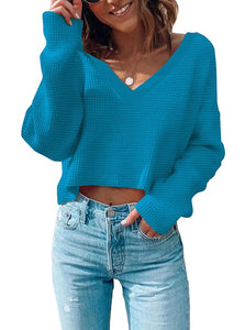 Poetsky Womens Knit Sweaters Pullover Long Sleeve V Neck Shirt Loose Lightweight Tops Waffle Off The Shoulder Sweater Blue Green M