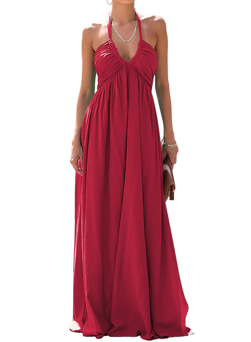 Long Flowy Dresses for Women 2026 Red Beach Vacation Resort Wear Ladies Sexy Cute Low Back Halter Maxi High Waisted Full Length Dress M