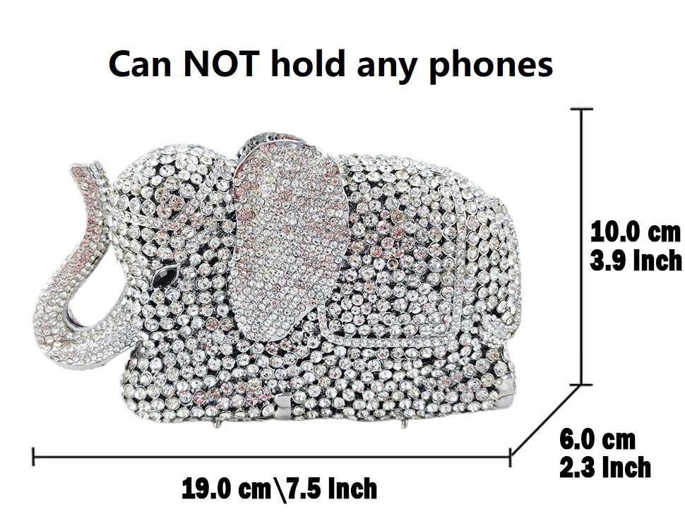 Boutique De FGG Elephant Crystal Clutch Bags Women Animal Rhinestone Evening Handbags Bridal Party Crystal Clutch Purse,Mini,Multi-White