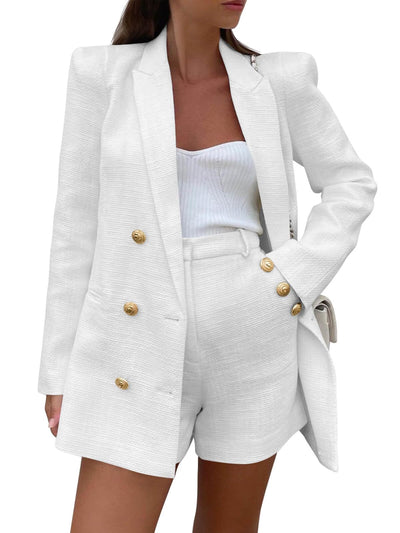 Cicy Bell Womens 2 Piece Tweed Blazer Shorts Sets Long Sleeve Double Breasted Suit Jackets Business Outfit White