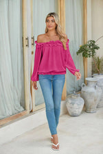 Load image into Gallery viewer, evnanic Off Shoulder Blouses for Women Long Sleeve Shirt Pleated Ruffle Flowy Blouses Spring Rose S
