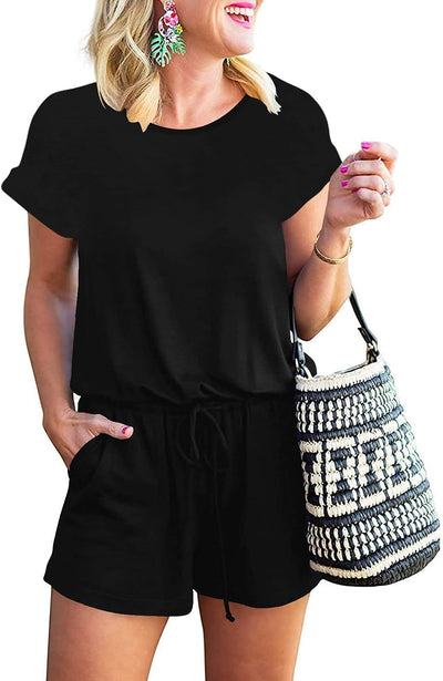ANRABESS Rompers for Women Summer 2025 Casual Dressy One Piece Tshirt Short Pants Jumpsuit Beach Vacation Outfit Clothes A233-hei-M Black