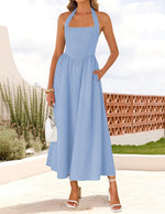 Load image into Gallery viewer, ZESICA Women's Summer Sleeveless Halter Midi Dress 2026 Off Shoulder High Waist Flowy Beach Wedding Guest Long Dresses Blue Small
