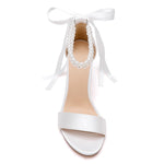 Load image into Gallery viewer, HKMFLYY Women's Burgundy Open Toe Pearl Wedding Sandals Satin Bow Block Heel Ankle Strap Size 9
