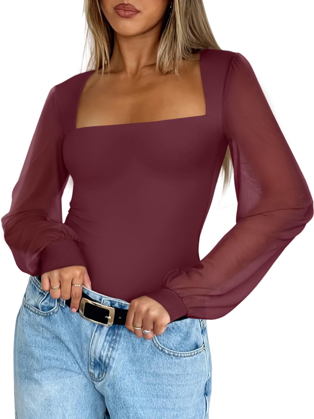 PINKMSTYLE Basic Square Neck Bodysuits for Women Fitted Double Lined Fall Tops Mesh Long Sleeve Shirts Trendy Going Out Tops Burgundy Medium