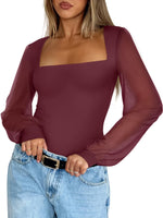 Load image into Gallery viewer, PINKMSTYLE Basic Square Neck Bodysuits for Women Fitted Double Lined Fall Tops Mesh Long Sleeve Shirts Trendy Going Out Tops Burgundy Medium
