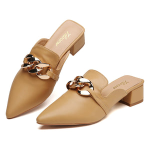 Tilocow Metal Chain Decor Mules Heels for Women Chunky Heeled Sandals Slip on Closed Toe Slides for Women Backless Mules Brown 8