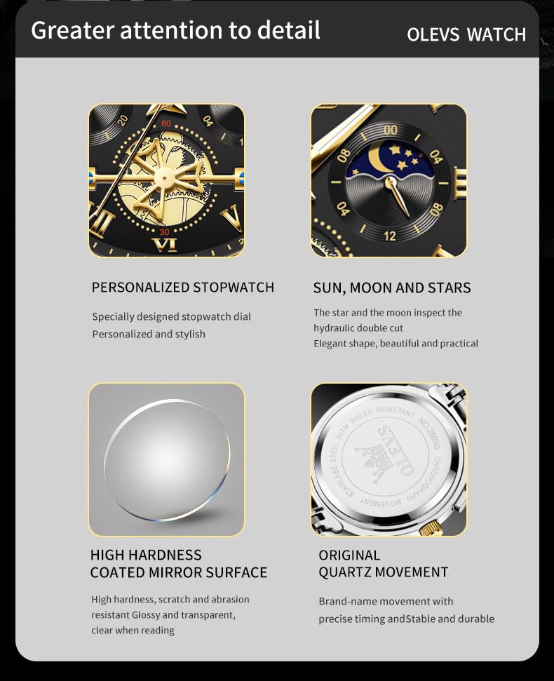OLEVS Black Watches for Men Luxury Fashion Gold and Silver Stainless Steel Men's Wrist Watches Classic Nice Big Face Waterproof Quartz Men Watch with Day Two Tone Moon Phase Relojes para Hombres