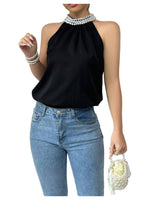 Load image into Gallery viewer, RoseSeek Women's Summer Halter Tops Beaded Sleeveless Blouses Casual Dressy Elegant Work Blouse Shirts Black Large
