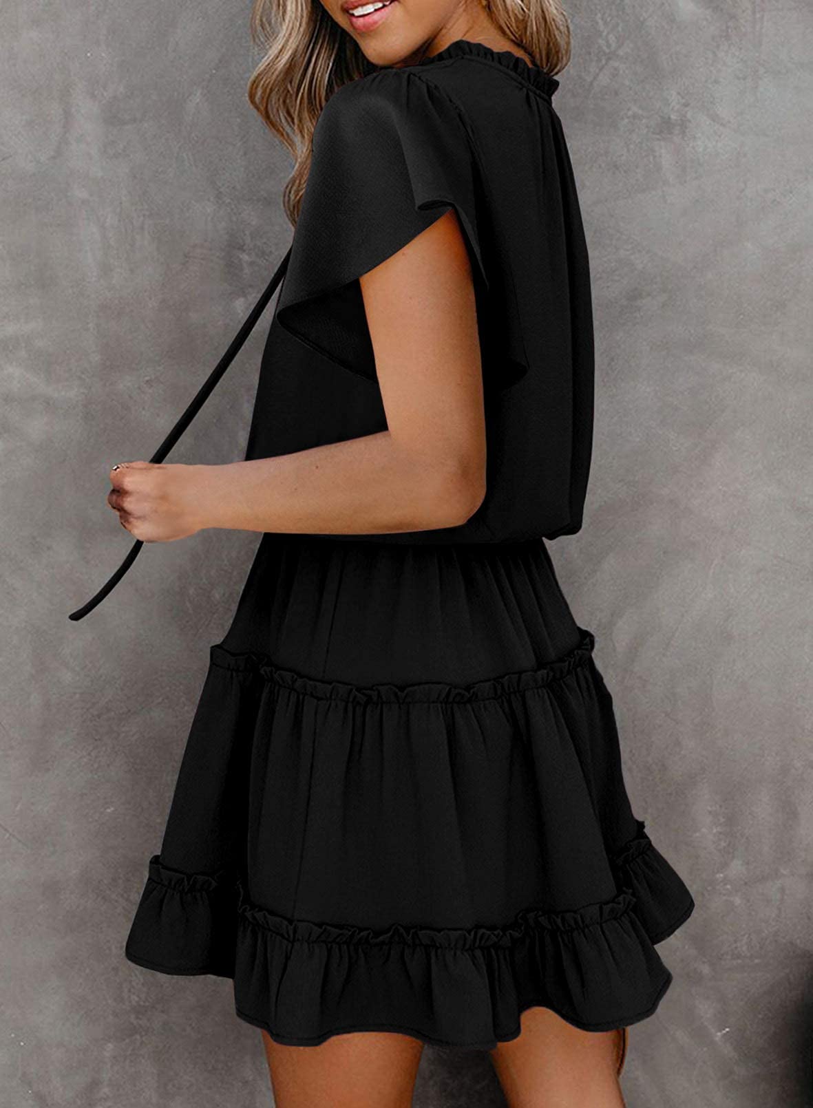 Dokotoo Womens Cute Spring Summer Casual Sexy Deep V Neck Ruffle Chiffon Lantern Short Sleeve Elegant Empire Waist Flowy Mini Short Skirt Dresses for Women Party 2025 Black US 8 10