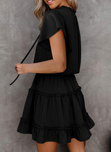 Dokotoo Womens Cute Spring Summer Casual Sexy Deep V Neck Ruffle Chiffon Lantern Short Sleeve Elegant Empire Waist Flowy Mini Short Skirt Dresses for Women Party 2025 Black US 8 10
