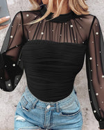 Load image into Gallery viewer, Ninimour Women‘s Pearls Decor Long Sleeve Blouse Mesh Spliced Textured Shirt Going Out Top Black
