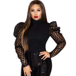 Load image into Gallery viewer, acelyn Women's Elegant Sequin Mesh Sheer Puff Long Sleeve Mock Neck Slim Fit Party Blouse Shirt Top Black S
