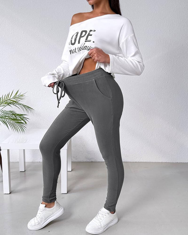 CHICME Women Casual Matching Sets Long Sleeve Pullover Tops and Pants Set Tracksuit Travel Outfits Gray-L