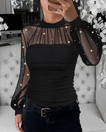 Load image into Gallery viewer, Ninimour Women‘s Pearls Decor Long Sleeve Blouse Mesh Spliced Textured Shirt Going Out Top Black
