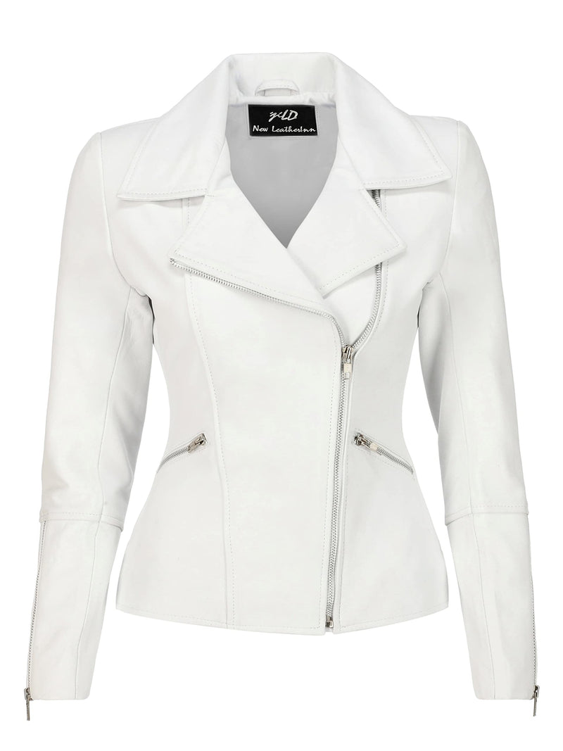 Jild Women's Asymmetrical Zip-Up Real Lambskin Leather Motorcycle Jacket - Casual Fashion Moto Biker Leather Jacket Women (BW-Wht-M)