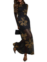 Load image into Gallery viewer, Verdusa Women&#39;s Floral Mesh Maxi Dresses Long Sleeve Elegant Formal Fall Wedding Guest Dress Cocktail Slimming Dress Black Medium
