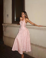 Load image into Gallery viewer, Floral Prom Dress for Women Teens Halter Satin Square Neck A Line Tea Length Midi Formal Evening Gowns with Bow Pockets Pink US22W Plus Size
