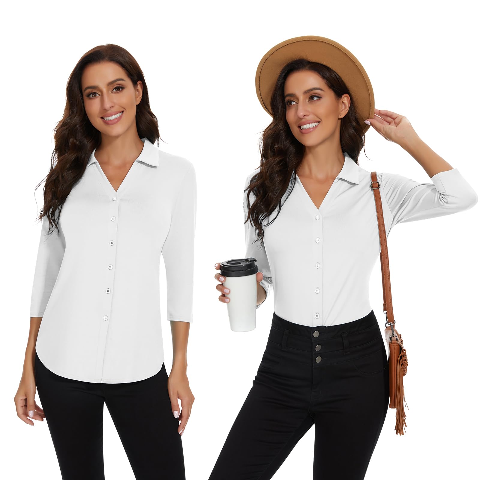 Soneven Womens Long Sleeve Button Down Shirts V Neck Golf Polo Shirts Business Causal Work Blouses Tops Collared Shirts