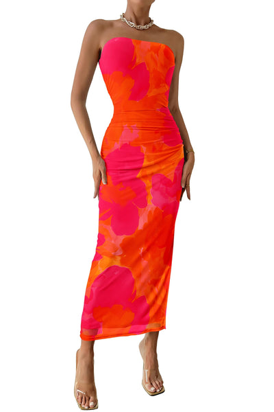 PRETTYGARDEN Women's Summer Maxi Bodycon Dresses Strapless Tube Top Printed Long Party Club Slit Dress (Orange Red Big Floral,Medium)